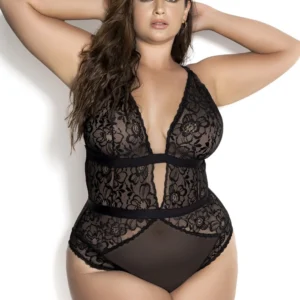 Schwarzer Body in Übergröße aus Spitze und Netz – MAL8654XBLK