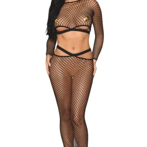 Zweiteiliges Set mit langärmligem Oberteil und schwarzem Netzrock – DG0526BLK