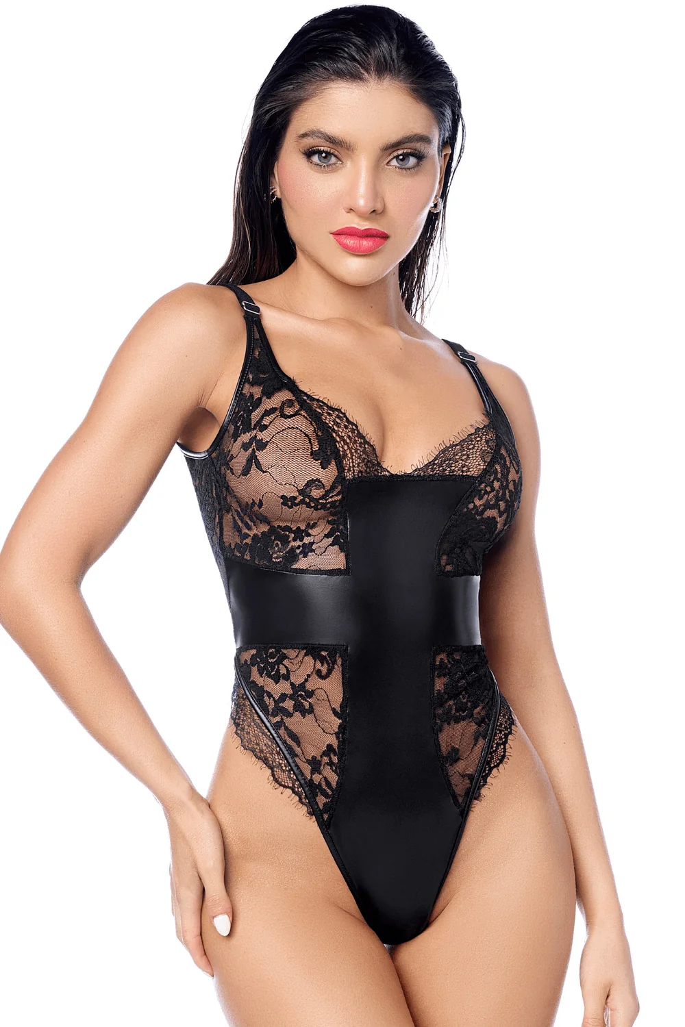 Schwarzer sexy Body aus Spitze & Kunstleder - MAL2805BLK