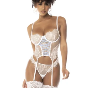 Spitzen-Bustier mit Bügeln Angelique, abnehmbare und verstellbare Strumpfhalter und passender String – MAL8836IVRY