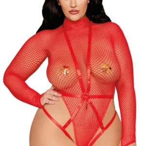 Zweiteiliges Set in großen Größen, roter Netz-Bodystring und Geschirr – DG13680XRED